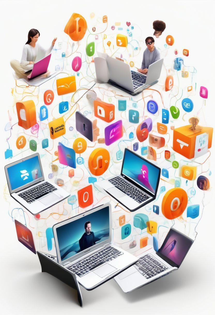 A vibrant and dynamic illustration of a diverse group of bloggers navigating a colorful, whimsical blogosphere filled with floating social media icons, laptops, and creative tools. Include elements like winding paths connecting various blog topics, lively discussions, and cartoon-like characters engaging with their digital devices. The scene should radiate energy and inspiration, evoking a sense of community and creativity. 3D. vibrant colors. white background.