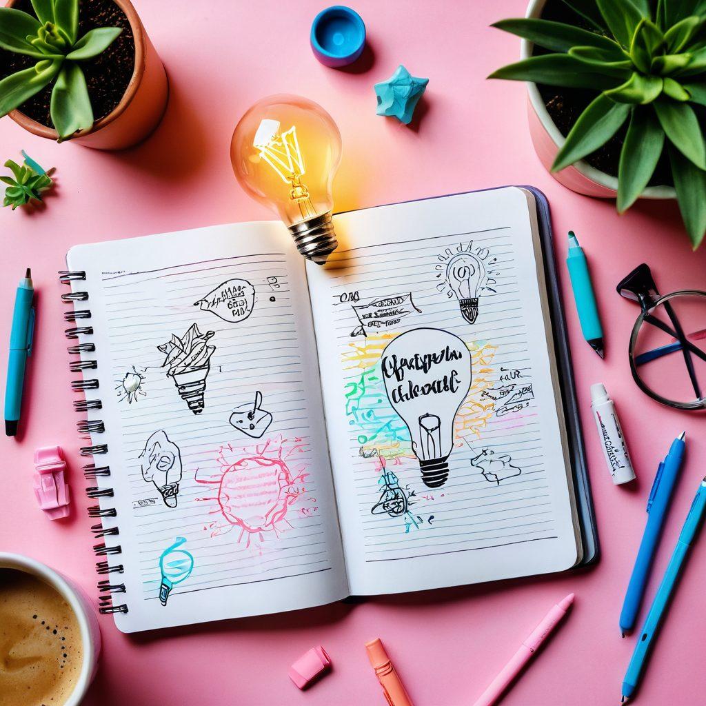 An open notebook with colorful sketches of ideas, surrounded by colorful pens and inspiration quotes floating around. A vibrant light bulb symbolizing creativity above it, set against a soft pastel background. Elements like a laptop, coffee cup, and potted plant nearby to evoke a cozy writing atmosphere. super-realistic. vibrant colors. soft pastel background.