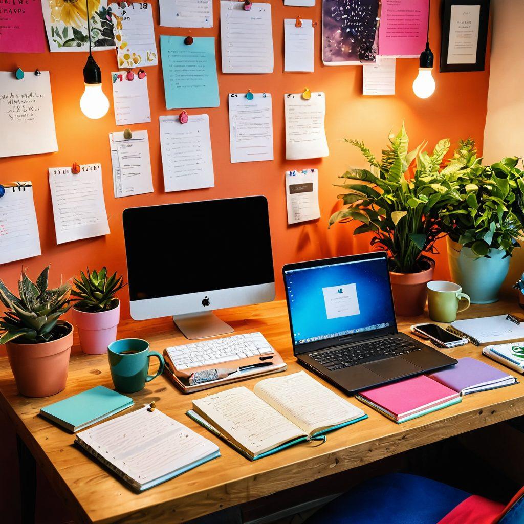 A whimsical workspace filled with colorful notebooks, a laptop displaying blog posts, and a steaming cup of coffee, symbolizing the transition from ideas to written words. Include elements like a vision board with inspiring quotes and vibrant plants for a creative atmosphere. Use warm lighting to evoke a sense of passion and productivity. super-realistic. vibrant colors. cozy ambiance.